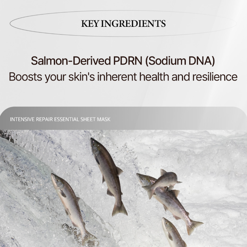 Salmon 🐟 ingredients for IDENEL's INTENSIVE REPAIR ESSENTIAL SHEET MASK, boosting skin health & resilience.