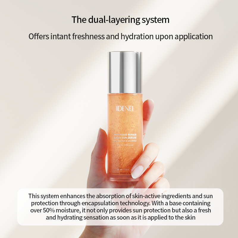 IDENEL Intensive Repair Daily Sun Serum 🧴 offers hydration 💧 & sun protection ☀️ with a dual-layering system for fresh skin!